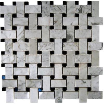 Splashback Tile Magnolia Weave White Carrera 3/4 in. x 2 in. With Black Dot 1/2 in. x 1/2 in. Marble Floor and Wall Tile
