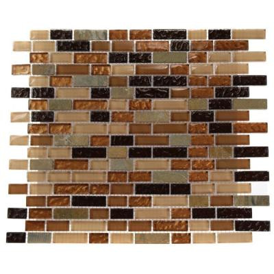 Splashback Tile Golden Trail Blend Bricks 12 in. x 12 in. x 8 mm Marble and Glass Mosaic Floor and Wall Tile
