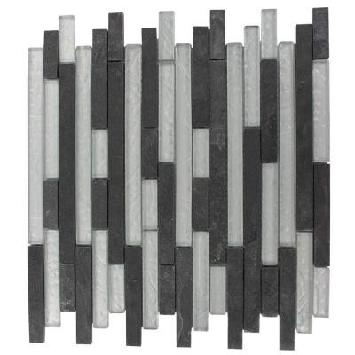 Splashback Tile Tectonic Harmony Black Slate And Silver 12 in. x 12 in. x 8 mm Glass Mosaic Floor and Wall Tile